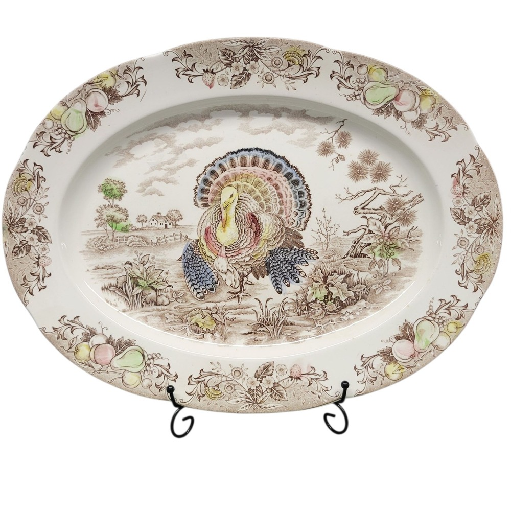 Vintage Turkey Oval Platter Thanksgiving Country Scene Fruit Border Made Japan